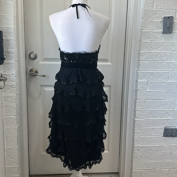 VINTAGE CACHE LUXE Black Silk Sequin Beaded Tier Ruffle Halter Cocktail Dress 4 - Picture 5 of 13